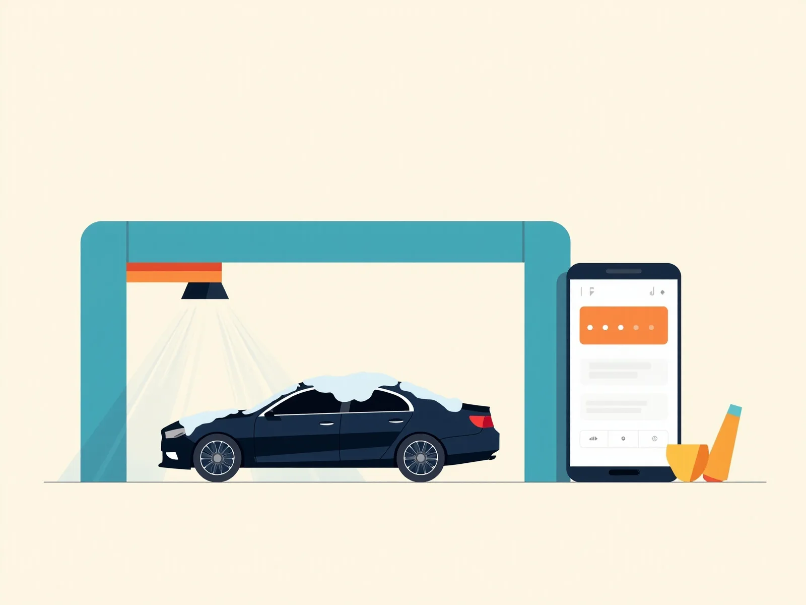 Ilustración de un auto en un túnel de lavado junto a un teléfono con la agenda de reservas